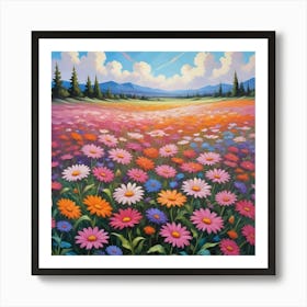 Vibrant Wildflower Meadow With Mountain View Art Print