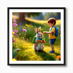 little boy and the rabbit Art Print