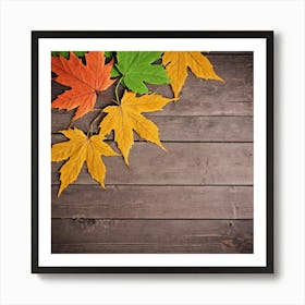 Autumn Leaves On Wooden Background Art Print