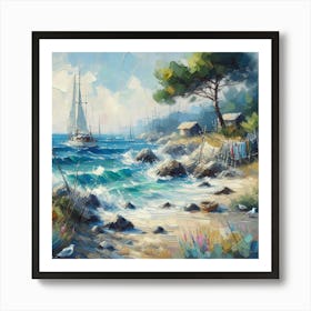 Sailboats On The Beach, Acrylic Painting Style 2 Art Print