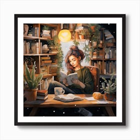 Girl Reading In Cosy Plant Bookshop Watercolour Illustration Art Print