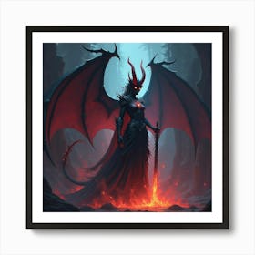 Demon Queen In A Realm Of Shadows, Colorful Flames 1 Art Print