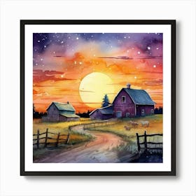 The Old Farmhouse at Sunset | Idyllic Dreamy Landscape Art Print