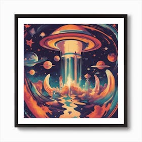 A Retro Style People Space, With Colorful Exhaust Flames And Stars In The Background 3 Art Print