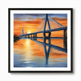 Sunset over the Arthur Ravenel Jr. Bridge in Charleston. Blue water and sunset reflections on the water. Oil colors.3 Art Print