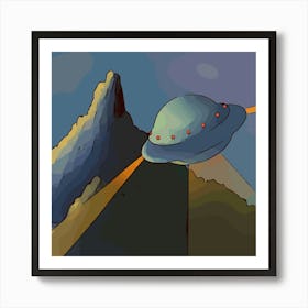 Ufo Flying Mountains Fantasy Nature Aliens Landscape Mysterious Space Galaxy Art Print