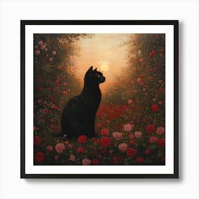 Black Cat in a Floral Sunset Garden 10 Art Print