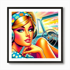 Retro Girl In A Car Art Print