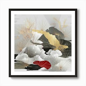 Captivating 8k Wabi Sabi Art: A Fusion of Minimalist Aesthetics and Ukiyo-e Influences – Serene 3D Render Illustration in Silver, Gold, White, Crimson Red, Black, and Gray Tones. Art Print