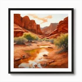 Watercolor Aa Serene Landscape In Red Desert Bathed In Shades Of Terracotta Olive Green Art Print