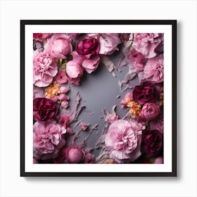 Pink Peony Flowers On Gray Background Art Print