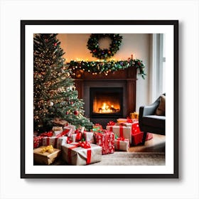 Christmas Presents Under Christmas Tree At Home Next To Fireplace (6) Art Print