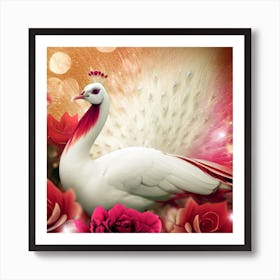 Peacock With Roses Art Print