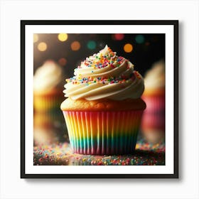 Scrumptious Rainbow Cupcake with Creamy Vanilla Frosting and Sprinkles, Perfect for Birthdays, Celebrations, and Sweet Treats Art Print