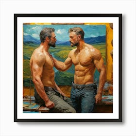 Two Men In Front Of A Painting. Van Gogh Style Art Print