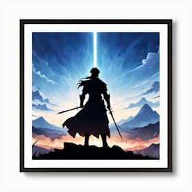 Shadow Of The Colossus, A Silhouette Of A Warrior Standing Tall On A Battlefield With A Serene Background Signifying Inner Art Print