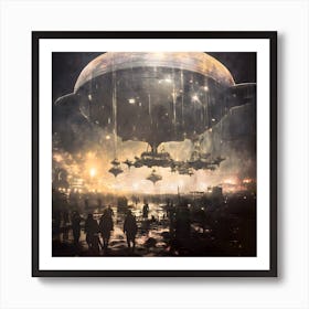 Steampunk Anthotype. Airship. Space craft. Monochrome. Black and white. Fantasy. Science Fiction. Art Print