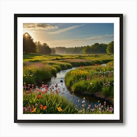 A Vibrant Spring Meadow With Blooming Flowers, Butterflies, And A Clear Stream 2) Art Print