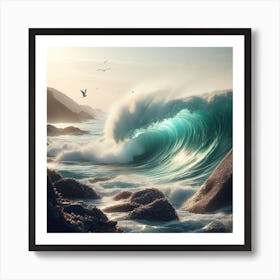 Ocean Waves Breaking Over Rocks Art Print