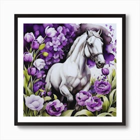 White Horse In Purple Flowers Art Print