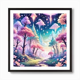 A Fantasy Forest With Twinkling Stars In Pastel Tone Square Composition 157 Art Print