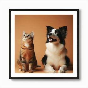 A ginger cat and a Border Collie dog sit side by side, looking up at something off-camera with rapt attention. Art Print