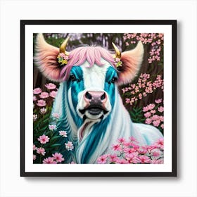 Cow In pink pastel Flowers Art Print