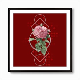 Vintage Giant French Rose Botanical with Geometric Line Motif and Dot Pattern n.0121 Art Print