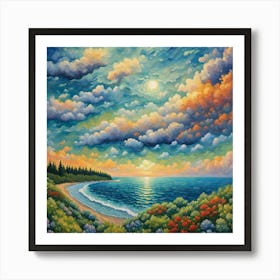 Sunset At The Beach.Sunrise Serenity: Vibrant Seascape Oil Painting, neo-impressionist style-wall art Art Print