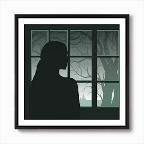 Silhouette Of A Woman Looking Out A Window Art Print