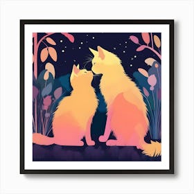 Silhouettes Of Cats In The Garden At Night, Yellow, Orange And Purple Art Print