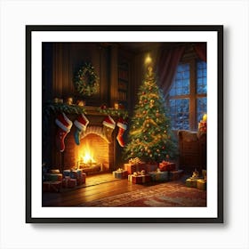 Cozy Christmas Eve Crackling Fireplace Casting A Soft Glow On The Elaborate Decorated Tree Toys Su (2) Art Print