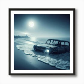 Abandoned Car On The Beach with river Art Print