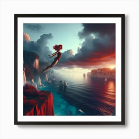 Girl Jumping Off Cliff Art Print