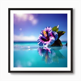 Turquoise Blue Ocean with Purple Hibiscus Flower Art Print