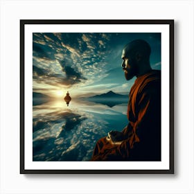 Monk Meditation And Walk In Sunrise Reflection Color Illustration Art Print