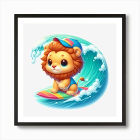 Lion On Surfboard Art Print