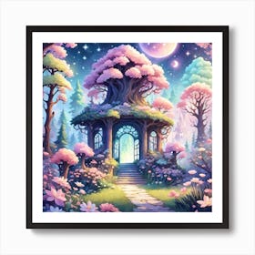 A Fantasy Forest With Twinkling Stars In Pastel Tone Square Composition 7 Art Print