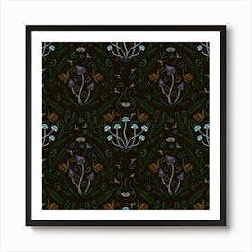 Goblincore Seamless Pattern With Mushrooms, Snails and Moths on Black Art Print
