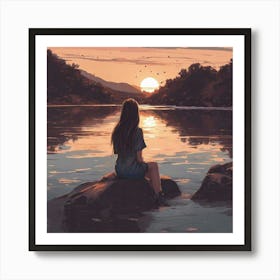 Girl Sitting On Rocks At Sunset Art Print