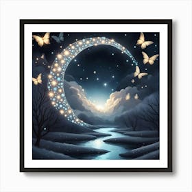 Diamond Moon Over the Ocean with Butterflies Art Print