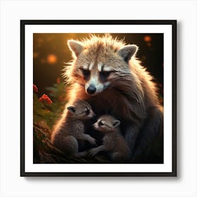 Raccoon With Cubs, A Mother Animal Caring For Her Young Illustrating Nurturing And Love Art Print