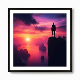 Man Standing On Cliff At Sunset 1 Art Print