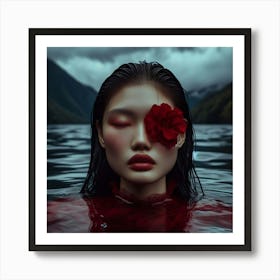 Model Girl With Red Flower Art Print