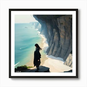 Candid Color Illustration Of A Asian Girl Standing At The Edge Of A Cliff Overlooking The Ocean Art Print