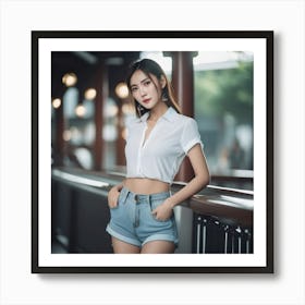 beautiful Asian Girl In Denim Shorts 1 Art Print