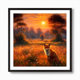 Fox in a Field at Sunset Art Print