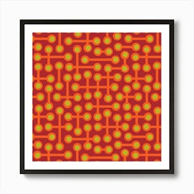 CIRCUITS Retro 1970s Mid Century Abstract Geometric Groovy Polka Dot in Vintage Orange and Citron Green on Burgundy Red Art Print