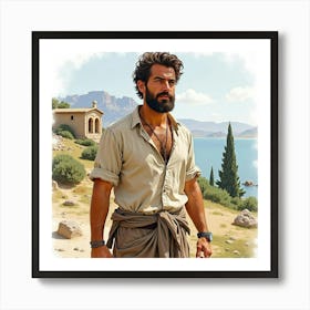 A Watercolor Portrait Of A Greek Man With A Rugged Charm, Set Against A Rustic Landscape 1 Art Print