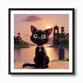 Black Cat With Yellow Eyes in sunset Art Print